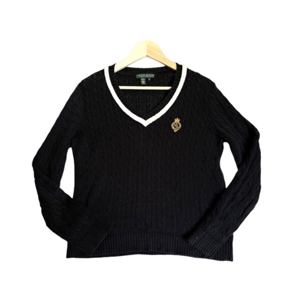 Lauren Active Ralph Lauren V-Neck Sweater Women M Black Cable Knit Crest